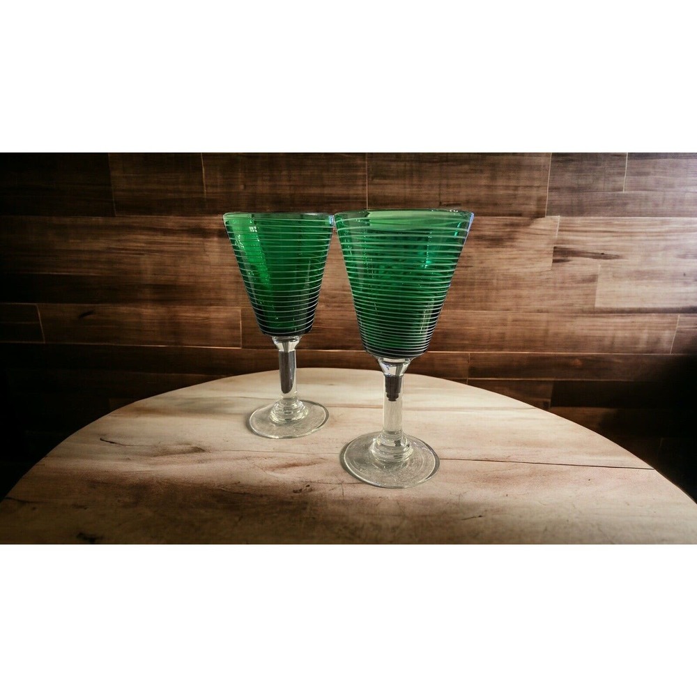 (2) Vintage Emerald Green Glass with White Striped Water-Wine Glasses /Goblets